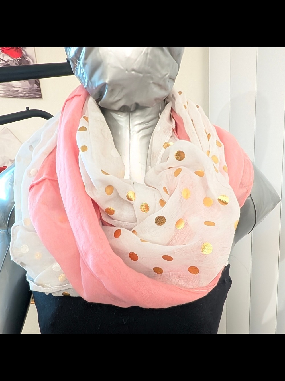 Scarf Sale ❤️7 For$35: Pink/ White Lightweight Infinity Scarf w/ Gold Polka Dots - Picture 8 of 8